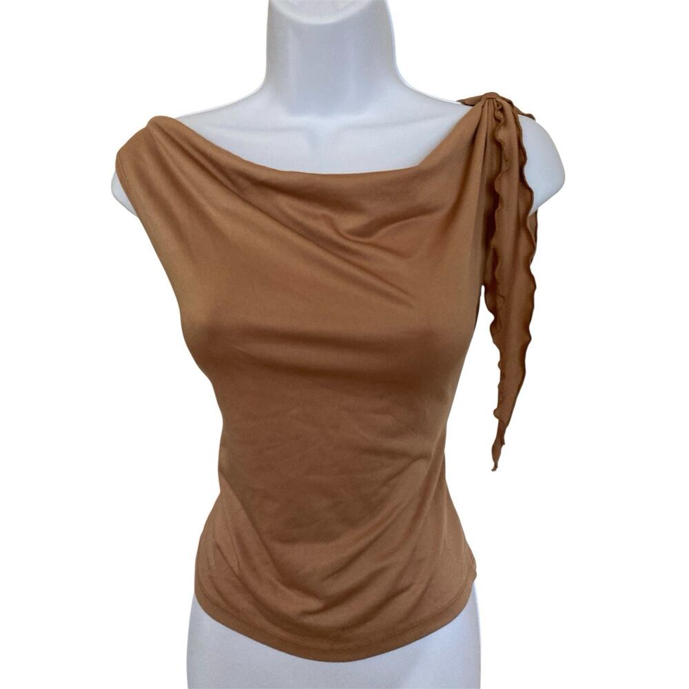 Vintage 90s Y2k Beware Brown Tan Off Shoulder Cowl Neck Tie Shoulder Tank Top S